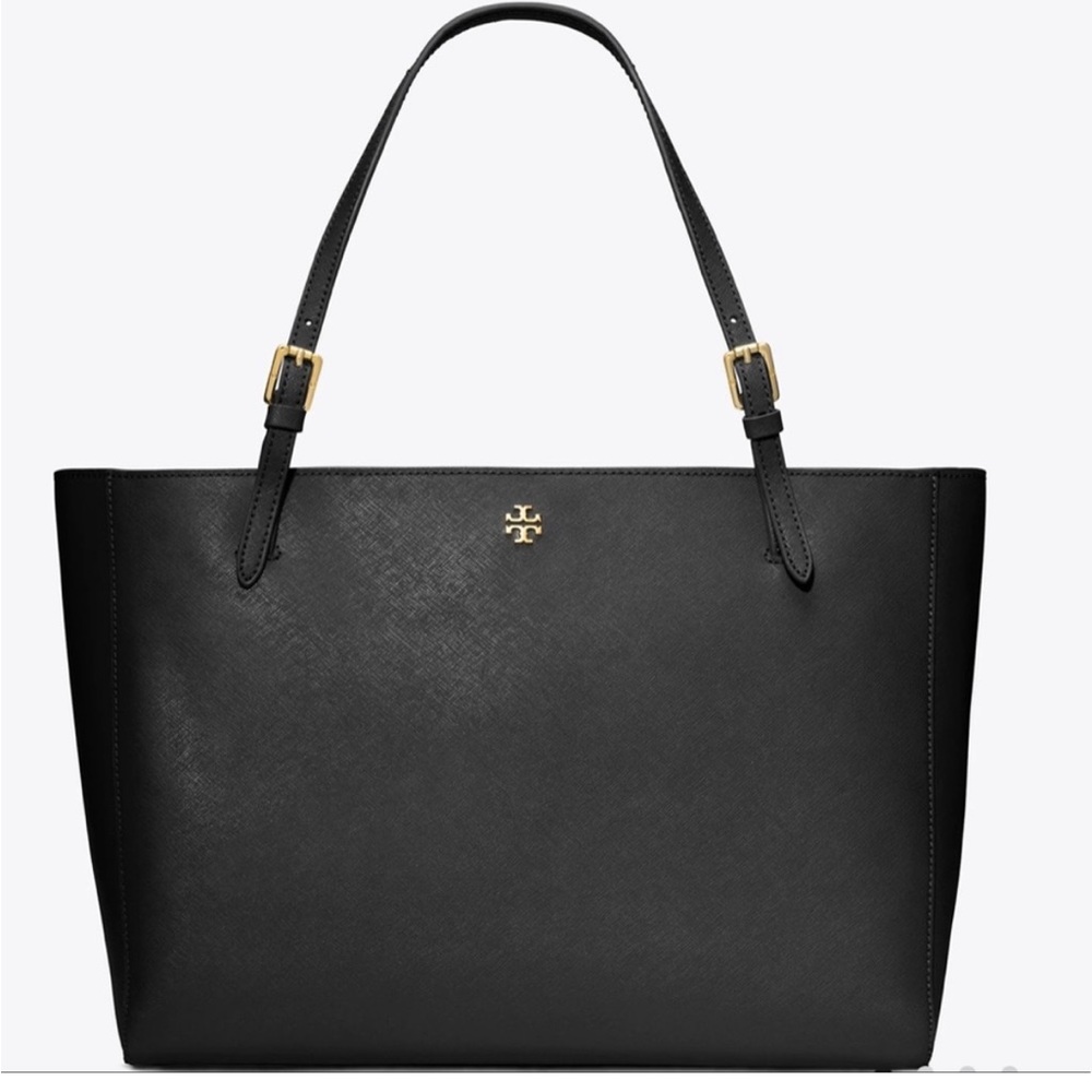 Tory Burch Large Black York Saffiano Leather Tote with Gold Buckles